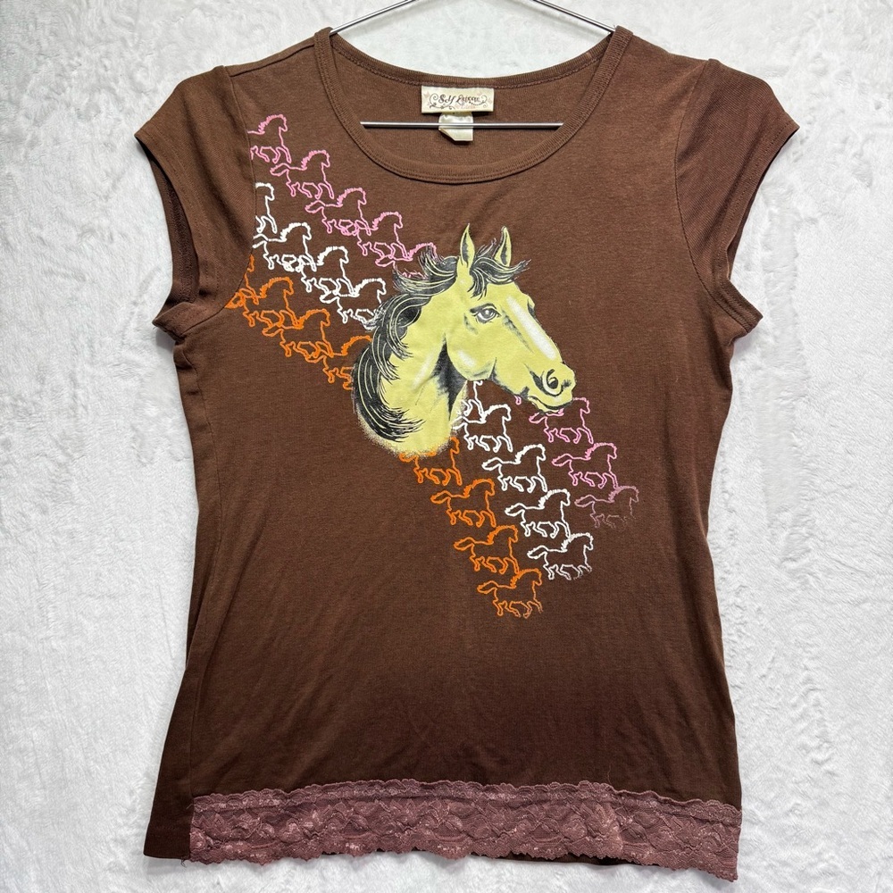 Vintage Y2K 90s Self Esteem Brown Horse Top Lace Graphic Print Girlhood